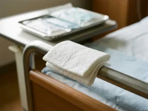 Zacht gevouwen wegwerp-washandje op een ziekenhuisbedrand, met medische disposables op een klinische dienblad op de achtergrond.