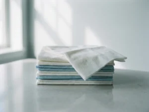 Stapel gevouwen disposable washandjes in wit en lichtblauw, één gedeeltelijk opengevouwen om textuur te tonen, op klinisch oppervlak.