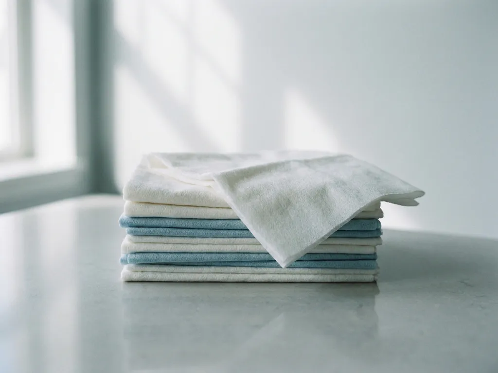 Stapel gevouwen disposable washandjes in wit en lichtblauw, één gedeeltelijk opengevouwen om textuur te tonen, op klinisch oppervlak.