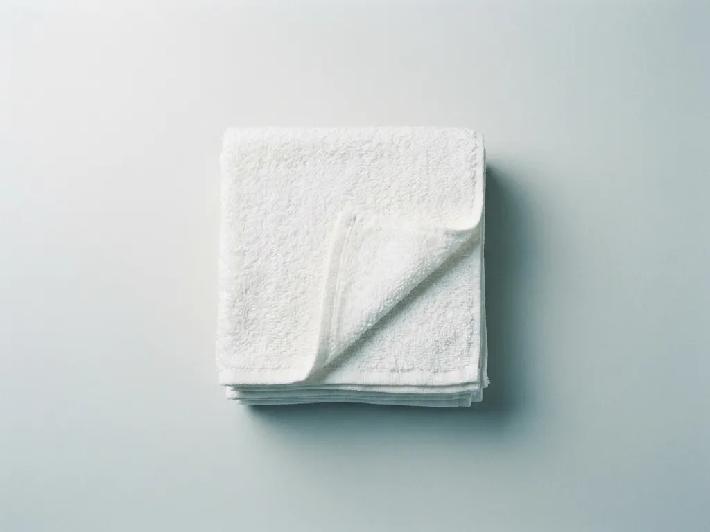 Stapel gevouwen witte washandjes op een klinisch oppervlak, één gedeeltelijk opengevouwen om de textuur te tonen.