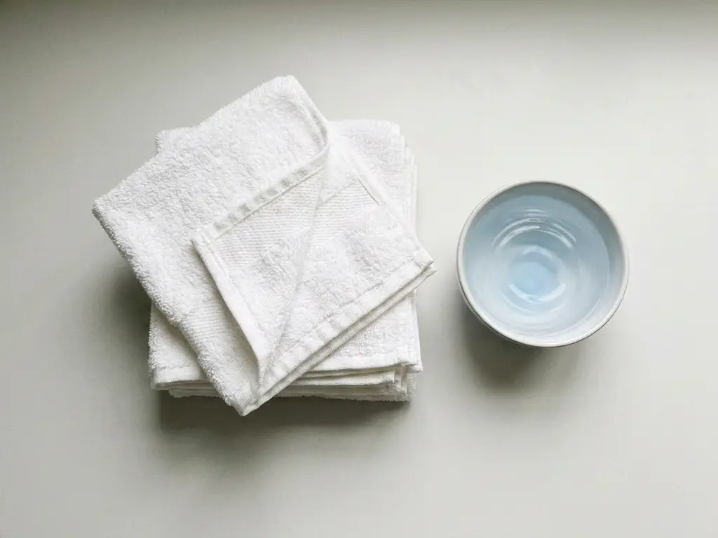 Gevouwen witte washandjes op een klinisch oppervlak, één gedeeltelijk opengevouwen, met een klein kommetje water ernaast.