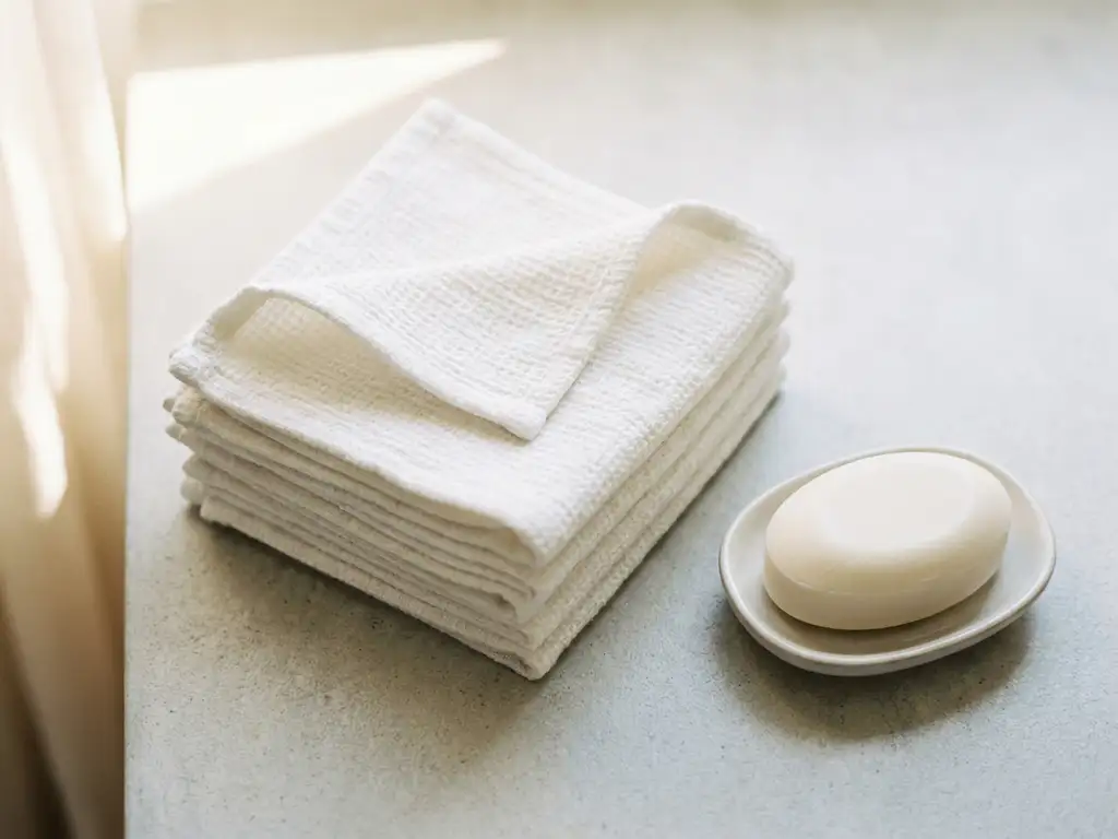 Opgevouwen witte washandjes gestapeld op een schoon oppervlak, met een klein stukje zeep ernaast, gefotografeerd van bovenaf.