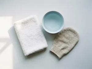 Gevouwen witte washand naast een keramieken kom water en een textureerde washandschoen, gefotografeerd van bovenaf in zacht natuurlijk licht.