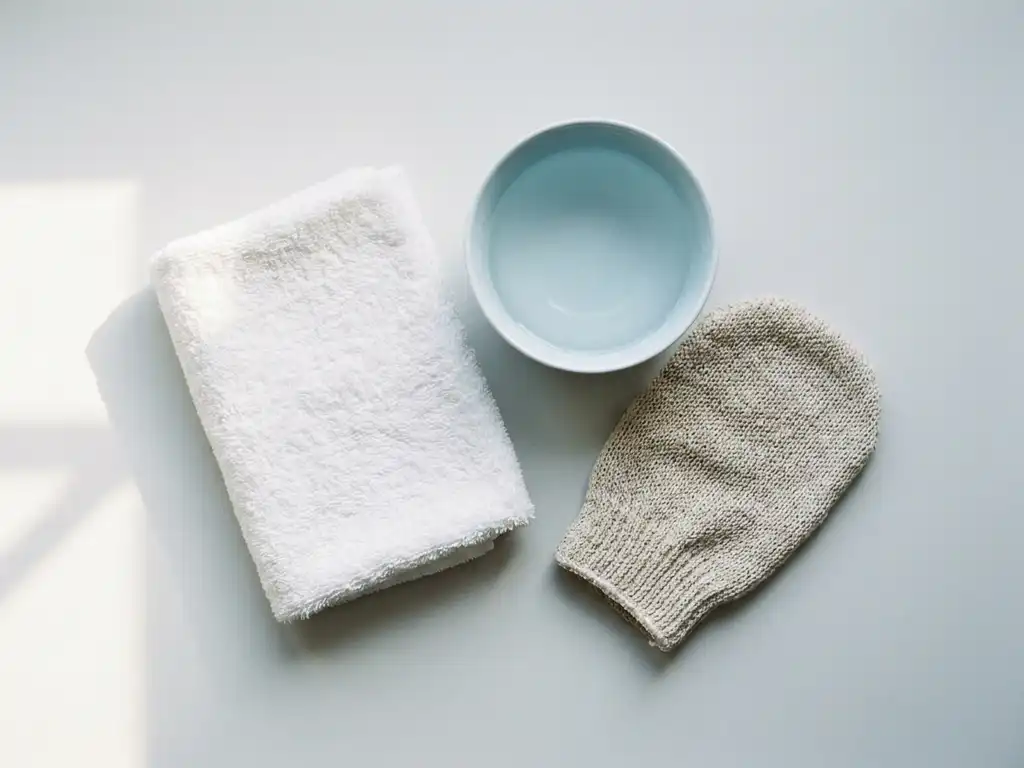 Gevouwen witte washand naast een keramieken kom water en een textureerde washandschoen, gefotografeerd van bovenaf in zacht natuurlijk licht.