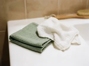 Zacht katoenen washandje netjes gevouwen op wit oppervlak, tweede licht gekreukt washandje ernaast met waterdruppels, salie groen en wit.