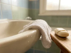 Witte washand over de rand van een keramieken wasbak gedrapeerd, met waterdruppels op de stof en een zeepblokje ernaast.