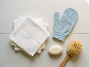 Opgevouwen witte washandjes naast een lichtblauwe badwant, zeepblokje en natuurlijke spons op een strakke ondergrond.