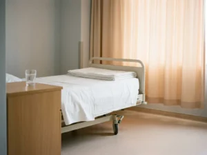 Leeg ziekenhuisbed met witte lakens in rustige klinische kamer, zacht ochtendlicht door gordijn, glas water op nachtkastje.