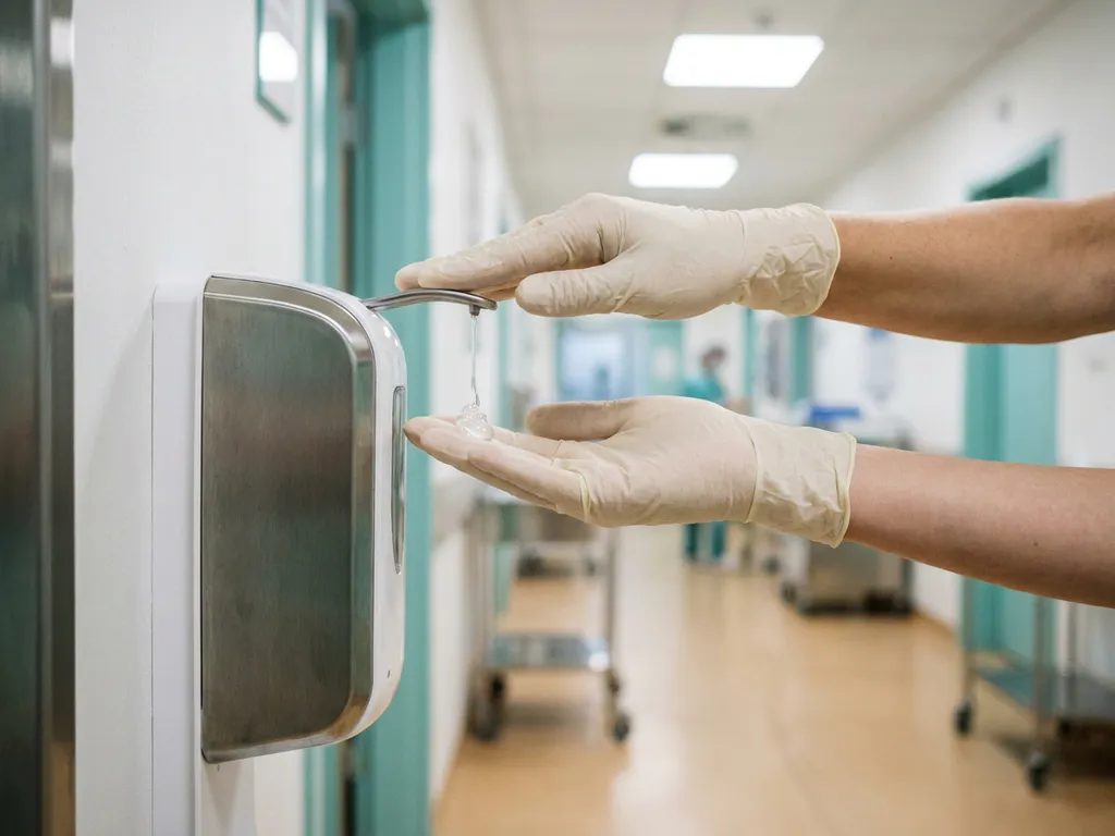Gehandschoende zorgverlener die handgel gebruikt uit een wanddispenser in een ziekenhuisgang.