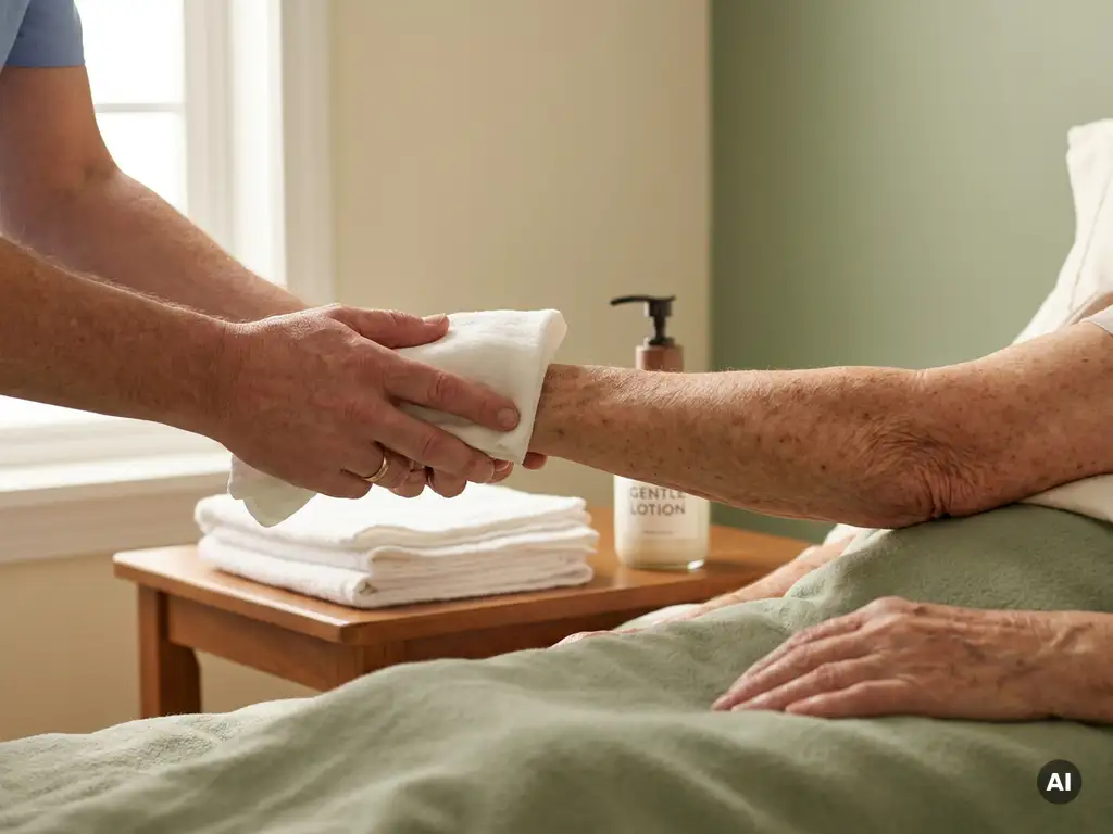 Verzorger die met een zachte reinigingsdoek de huid van een oudere patiënt verzorgt, met gevouwen handdoeken en lotion op de achtergrond.
