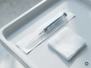 Steriele injectiespuit met naald op witte klinische tray naast gevouwen gaasje, zachte belichting en minimalistische compositie.