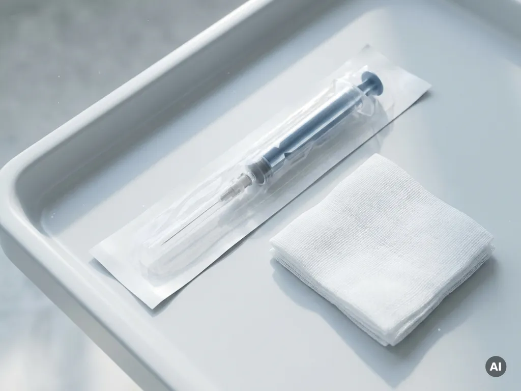 Steriele injectiespuit met naald op witte klinische tray naast gevouwen gaasje, zachte belichting en minimalistische compositie.