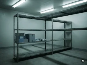 Lege metalen medische opbergplank in steriele opslagruimte met schaarse dozen verbruiksartikelen in de hoek.