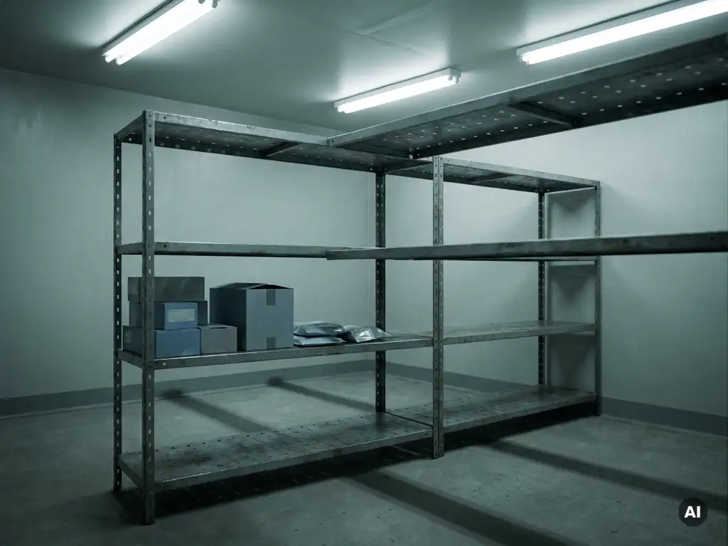 Lege metalen medische opbergplank in steriele opslagruimte met schaarse dozen verbruiksartikelen in de hoek.