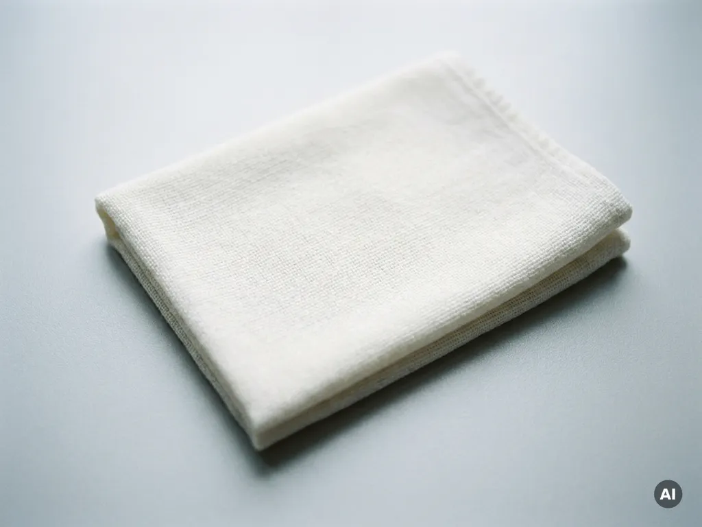 Netjes gevouwen witte washand op een strakke ondergrond, gefotografeerd van bovenaf in zacht studiolicht.