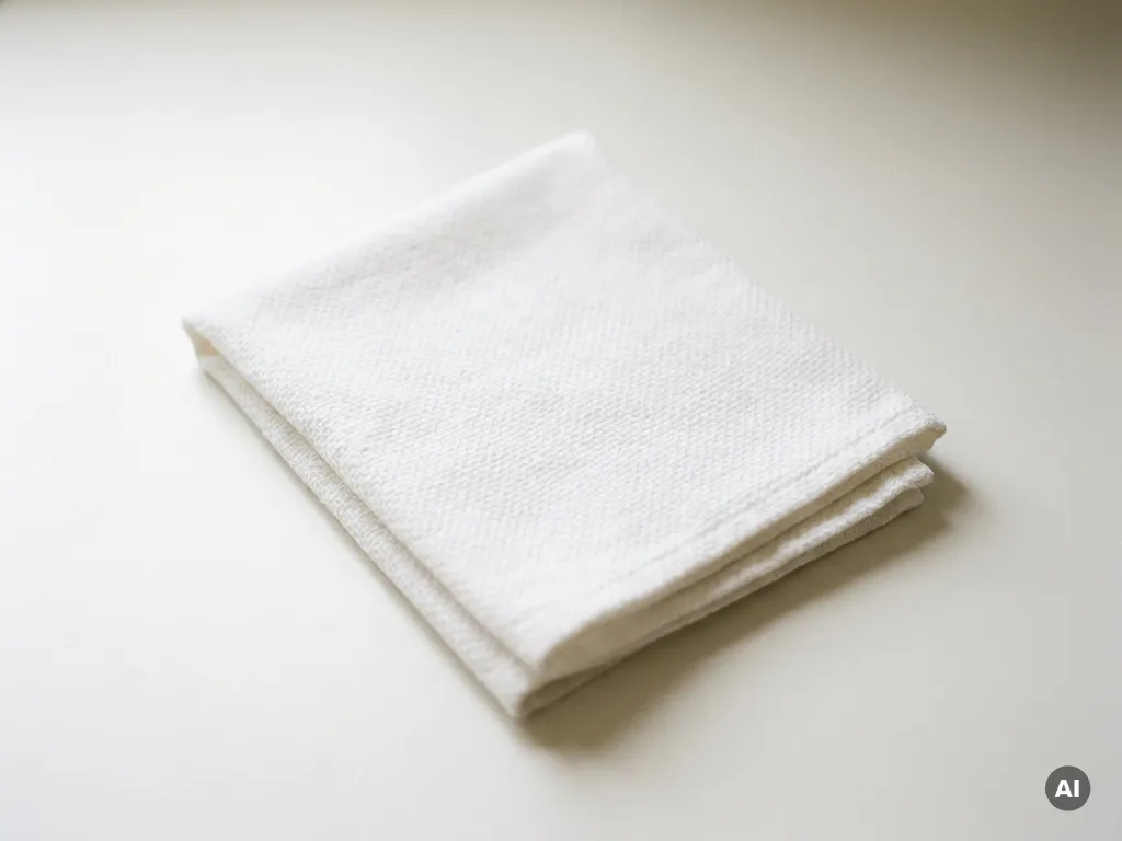Wit katoenen washandje netjes gevouwen op een witte ondergrond, met zichtbare stofweving en zachte schaduwen.