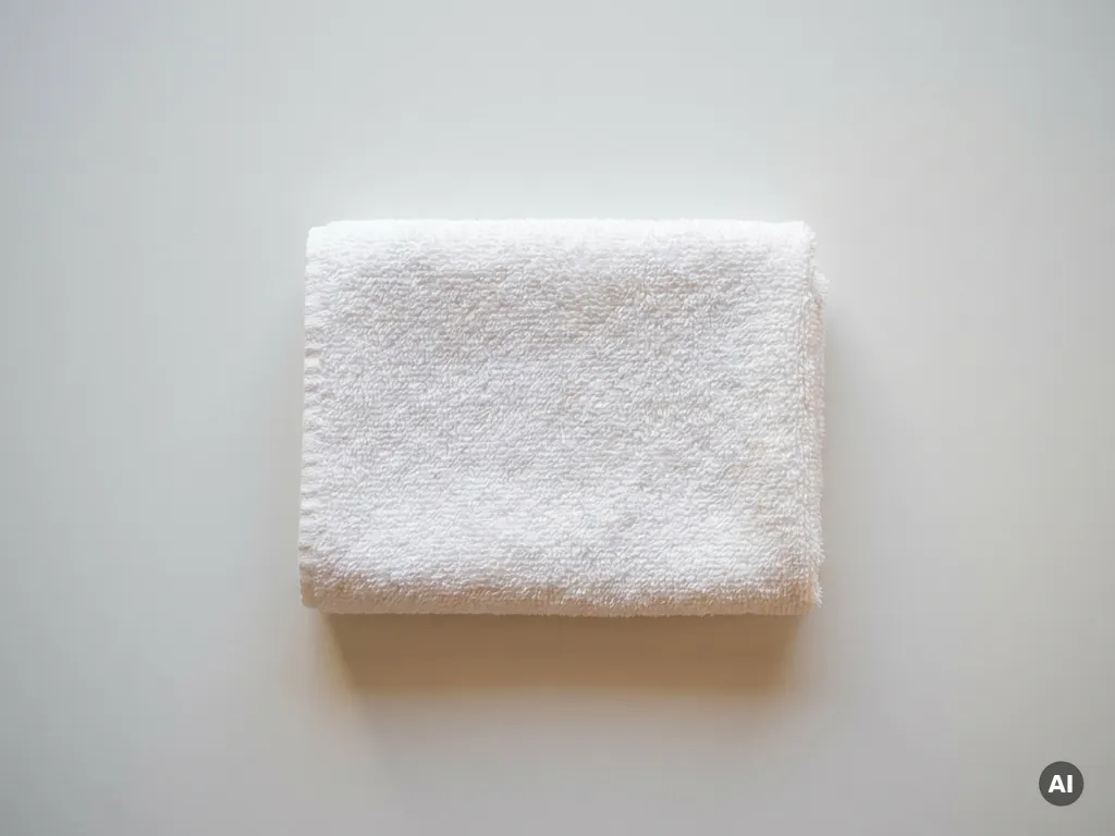 Netjes gevouwen witte washand op een strakke ondergrond, met zichtbare katoenen weefstructuur en zachte schaduwen.