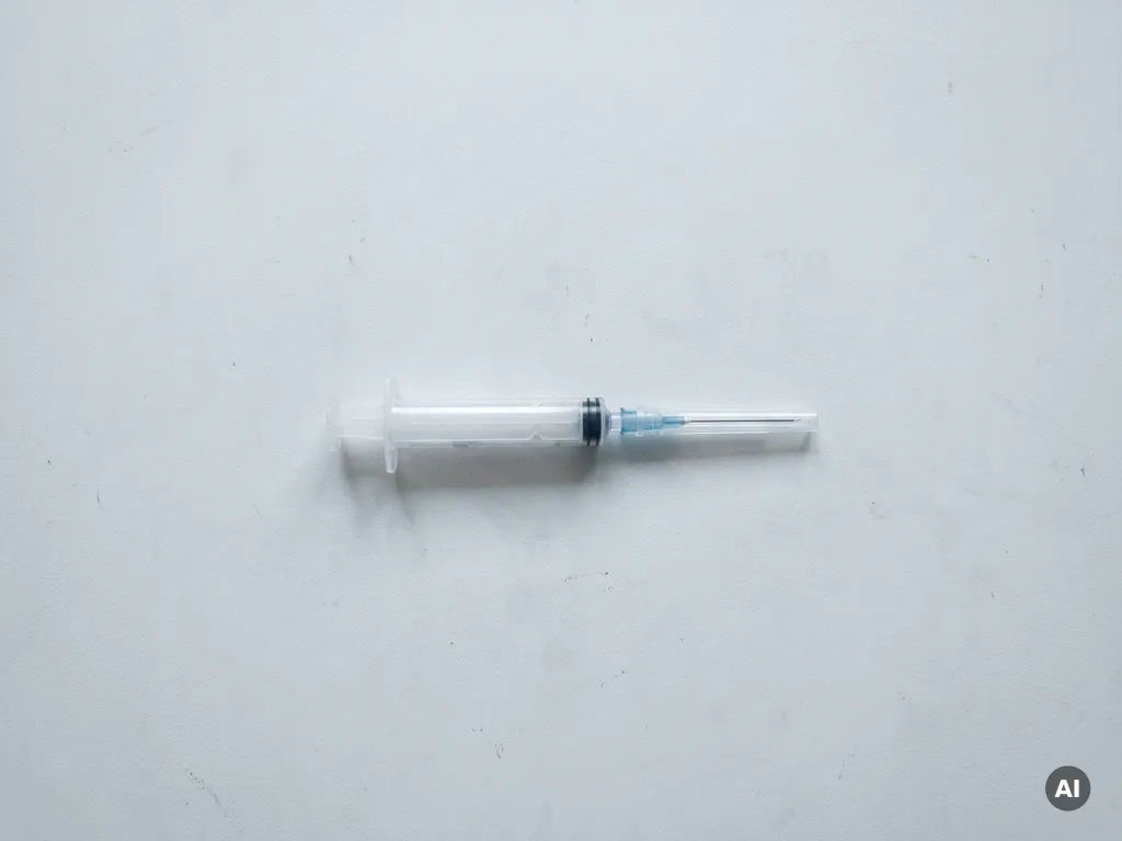 Steriele injectiespuit op wit klinisch oppervlak, omgeven door lege ruimte die schaarste suggereert.
