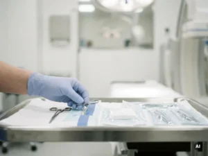 Gehandschoende hand die een steriel medisch hulpmiddel verwisselt op een klinische tray met verpakte disposables.