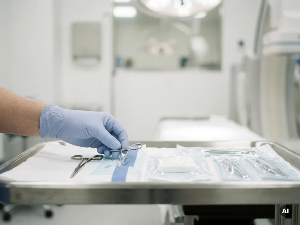 Gehandschoende hand die een steriel medisch hulpmiddel verwisselt op een klinische tray met verpakte disposables.