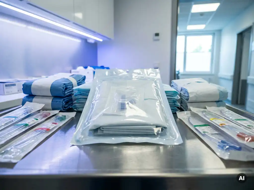 Verzegeld steriel medisch wegwerpmateriaal op roestvrijstalen lade, omringd door chirurgische handschoenen en kathetersverpakkingen in ziekenhuisopslag.