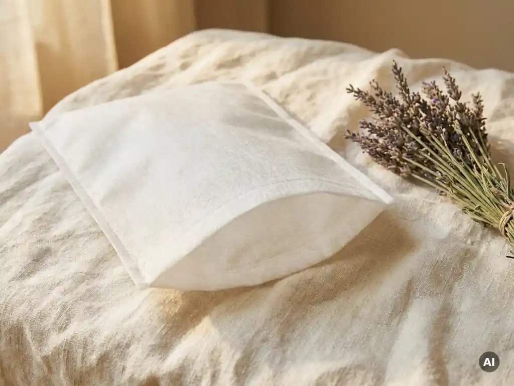Wegwerp washandschoen van non-woven materiaal op linnen ondergrond, naast een bosje gedroogde lavendel.