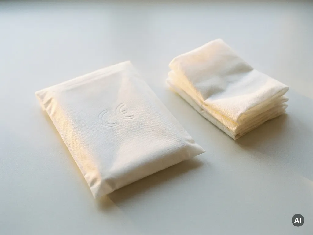 Witte niet-geweven washandjes plat neergelegd op witte ondergrond, gestapeld naast één enkel mitt met CE-keurmerk in stof.