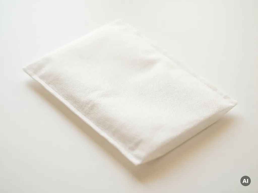 Witte niet-geweven washandschoen met rechthoekige vorm en zachte vezelstructuur, plat neergelegd op witte ondergrond.