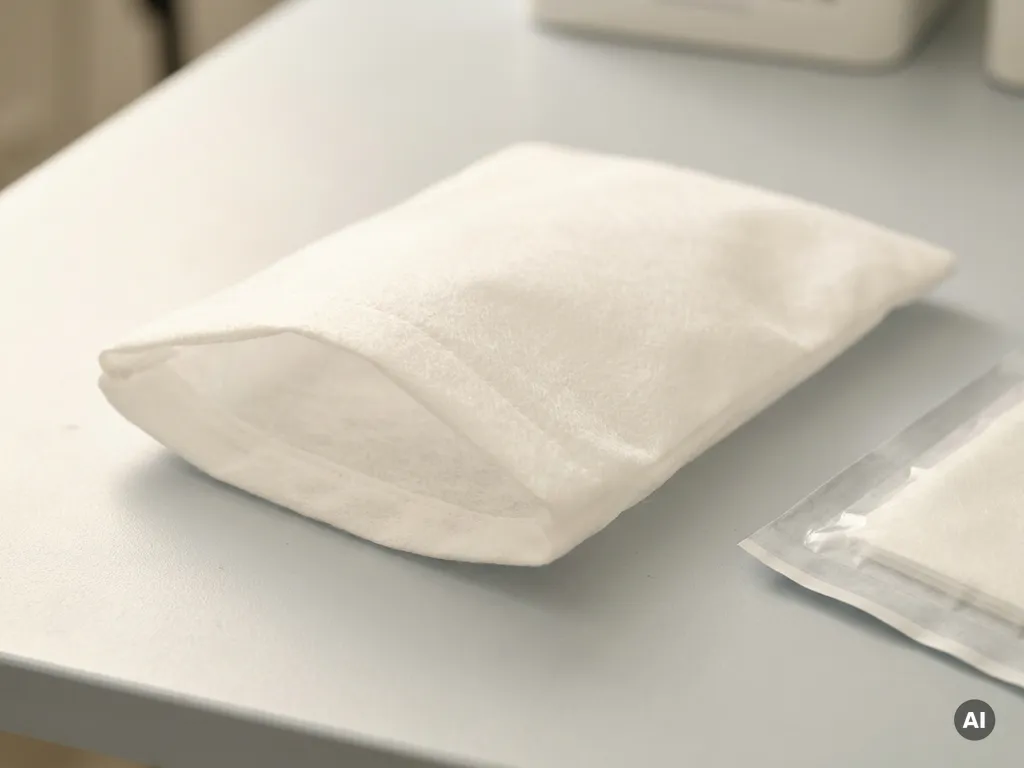 Witte niet-geweven washandschoen op klinisch oppervlak naast gesloten medische verpakking, zachte stofstructuur zichtbaar.