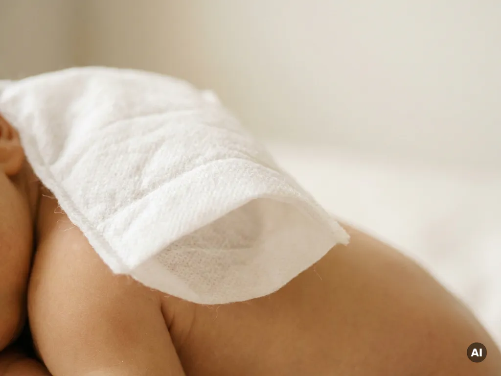Zachte niet-geweven washandschoen tegen de blote huid van een pasgeboren baby, medische kwaliteit, warme ivoor- en perziktinten.