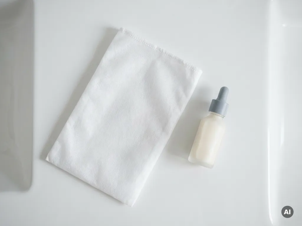 Witte niet-geweven washandschoen naast een druppelflesje met lotion, bovenaanzicht op witte achtergrond.