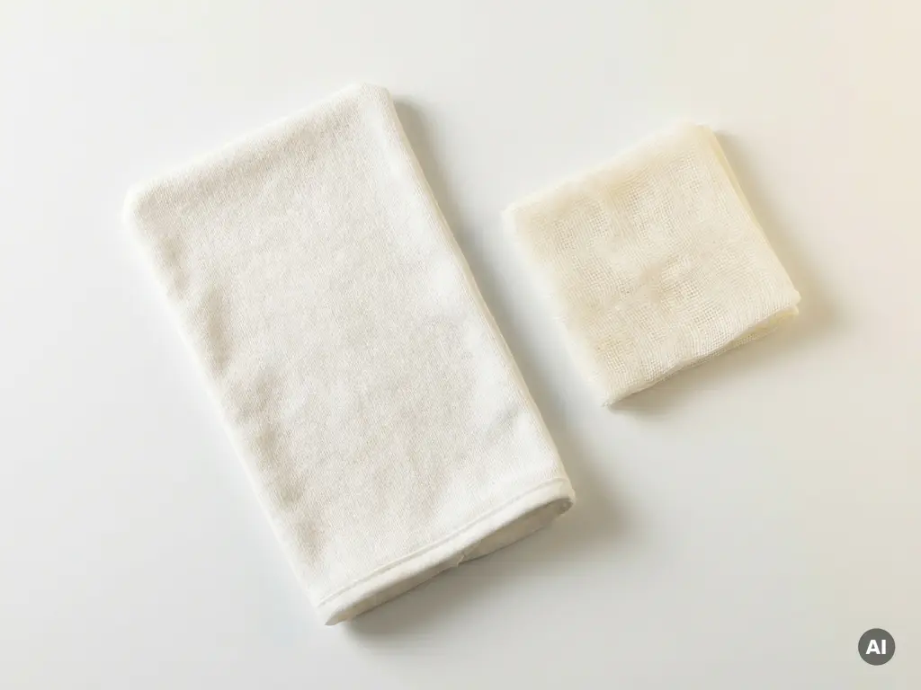 Waterloze washandschoen van zacht wit stof naast gevouwen steriel gaaskompres op witte ondergrond.