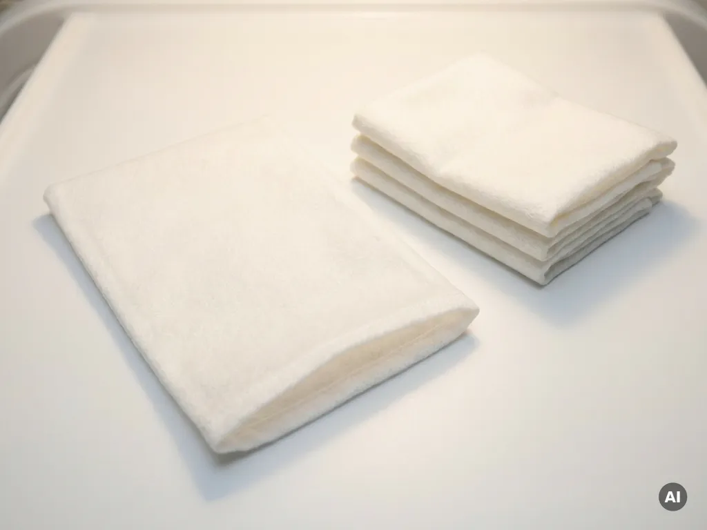 Witte niet-geweven washandschoen met rechthoekige vorm, plat liggend naast een klein stapeltje identieke handschoenen op witte ondergrond.