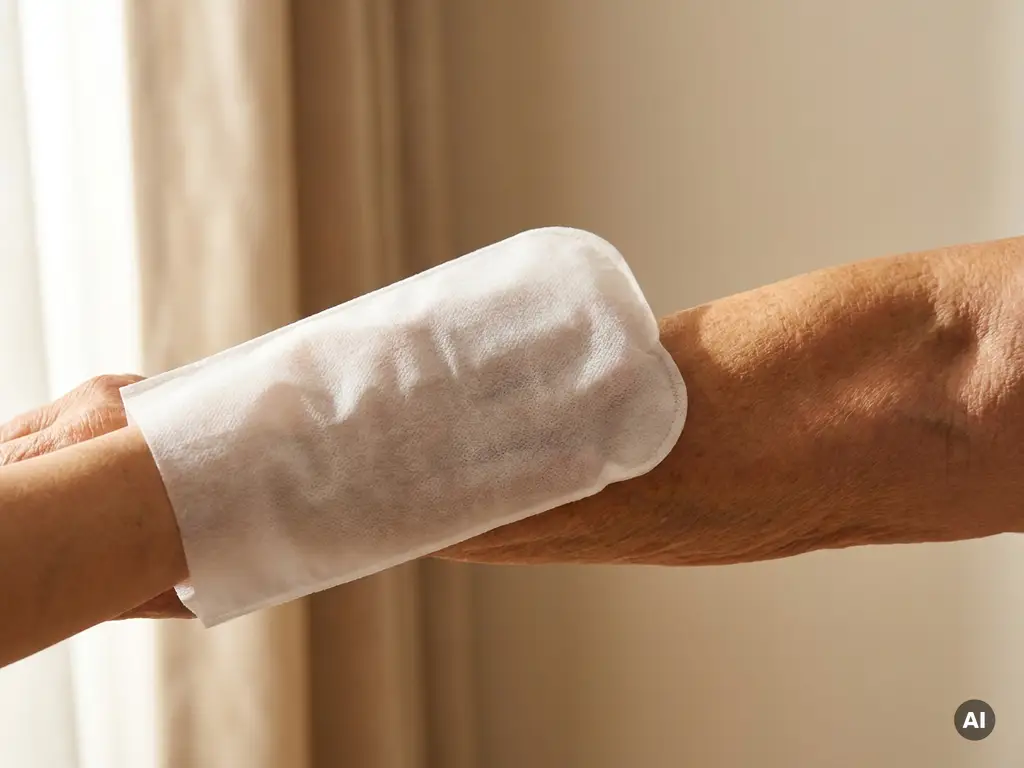 Wegwerp washandschoen op verzorgende hand die zachtjes een oudere onderarm reinigt, warme natuurlijke belichting.