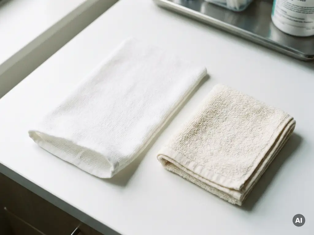 Wegwerp washandschoen zonder spoelen naast gevouwen katoenen handdoek op witte klinische ondergrond.