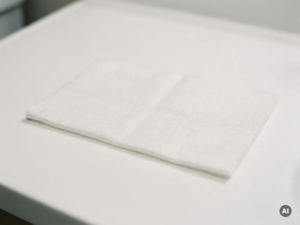 Witte wegwerp washandschoen van niet-geweven stof, plat liggend op witte ondergrond, zachte vezelstructuur zichtbaar.