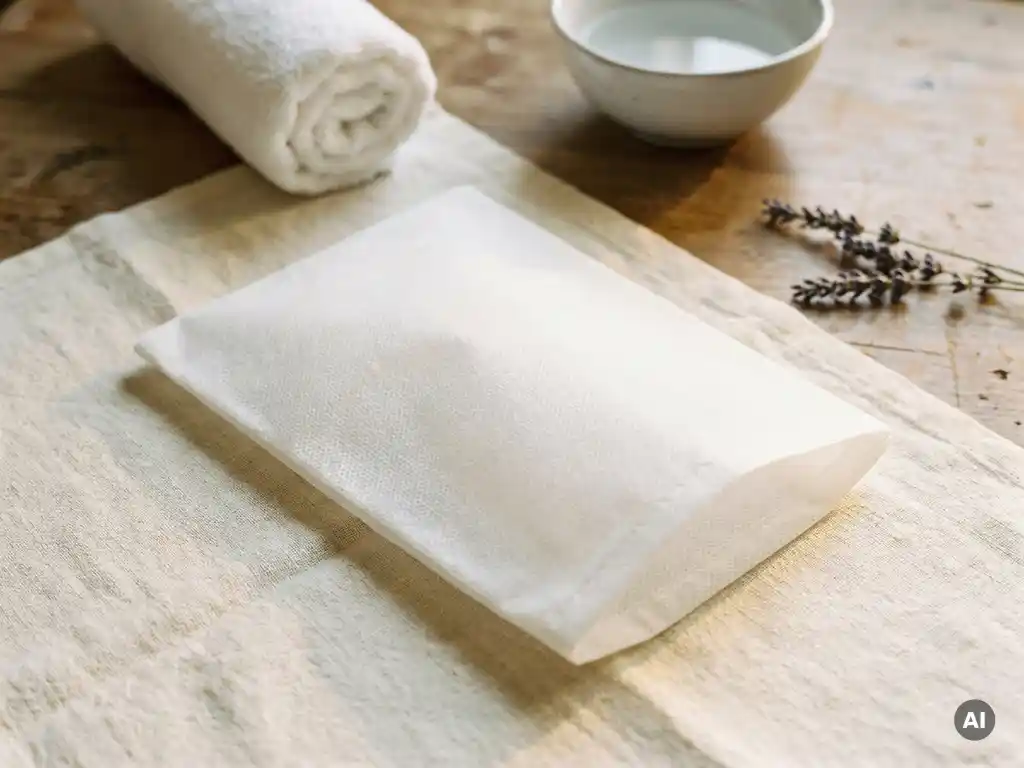 Witte non-woven washandschoen van medische kwaliteit op linnen ondergrond, gefotografeerd van bovenaf in zacht natuurlijk licht.