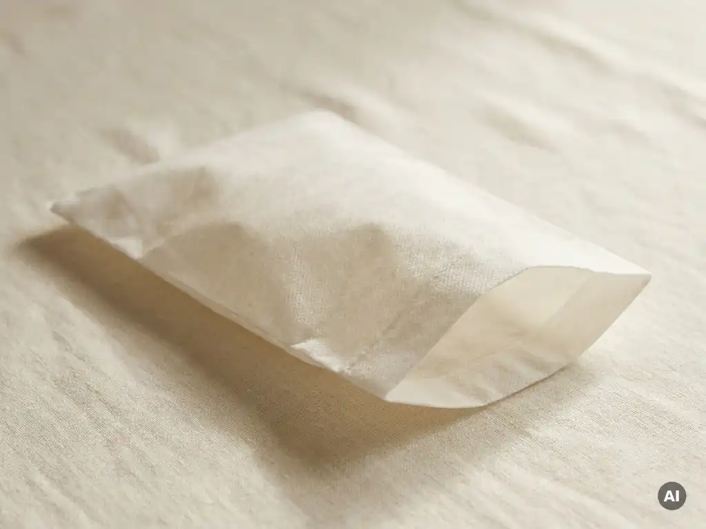 Witte niet-geweven washand van medische kwaliteit, plat liggend op een crème linnen ondergrond met zachte natuurlijke schaduwen.