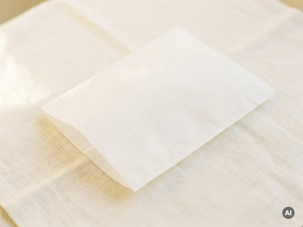Witte niet-geweven washandschoen op crèmekleurig linnen oppervlak, bovenaanzicht met zachte natuurlijke belichting.