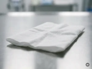 Witte niet-geweven washandschoen van medische kwaliteit, rechthoekige zakjesmorm met open uiteinde, op klinisch oppervlak.
