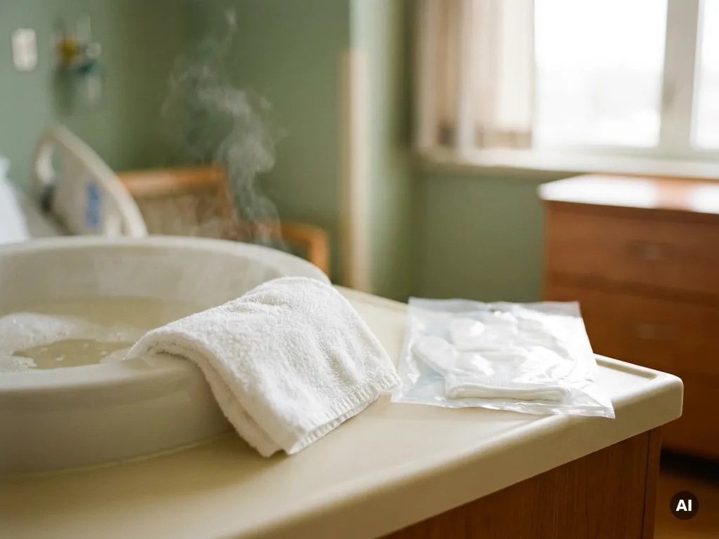 Witte washand over rand van klinische kom met warm zeepwater, stoom, en verpakte wegwerp-washandschoen op witte ondergrond.