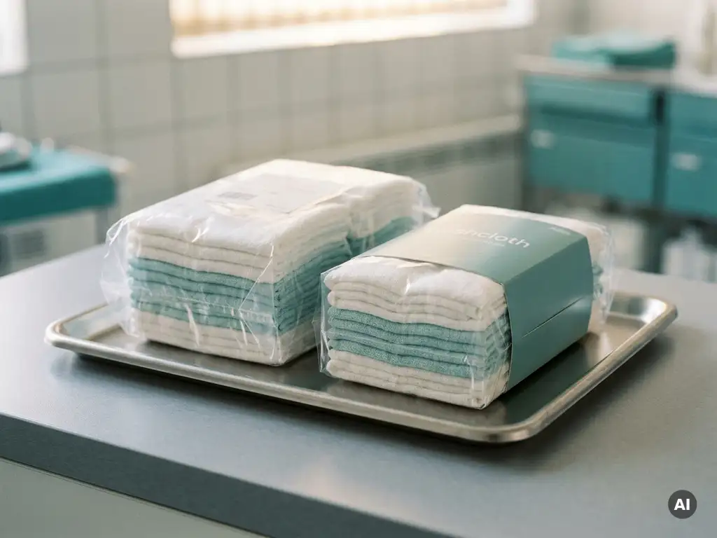 Twee stapels individueel verpakte washandjes op een medisch dienblad, institutionele verpakking naast een retailverpakking, klinische omgeving.