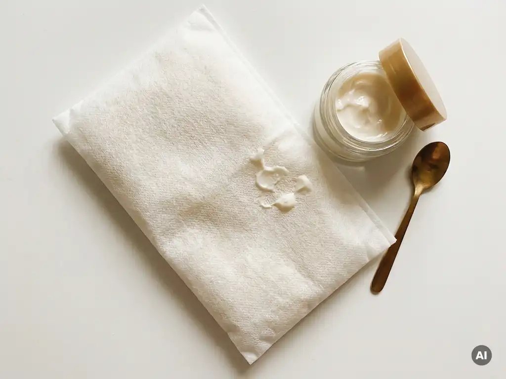 Washandschoen van premium non-woven stof naast een open pot met crème, met zichtbare absorptiedruppels op het witte materiaal.