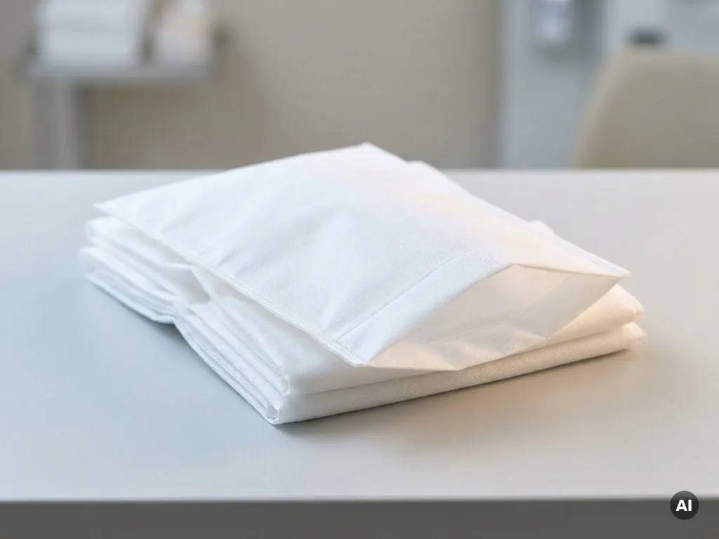 Witte niet-geweven washandschoen op een gestapelde toren van identieke handschoenen op een lichtgrijze ondergrond.
