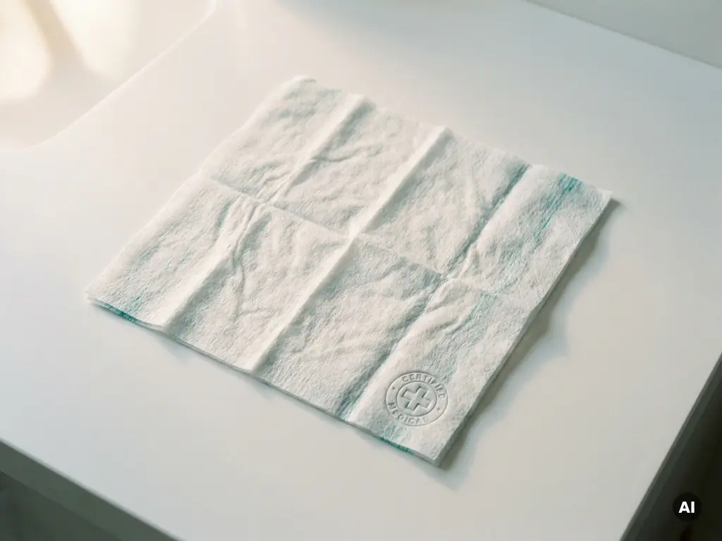 Wegwerp medisch washandje uitgevouwen op wit oppervlak met certificeringsembleem, fotografisch bovenaanzicht.