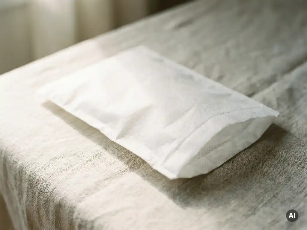 Witte wegwerp washandschoen van niet-geweven stof op linnen ondergrond, rechthoekige zakjesvorm met open einde.