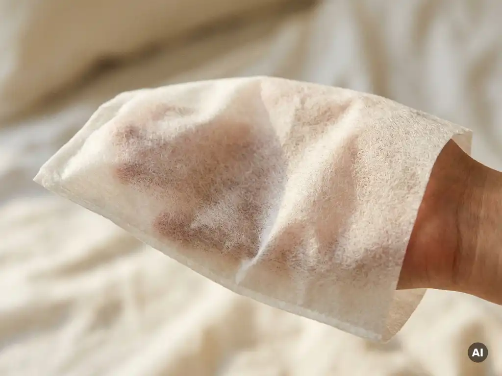 Wegwerpwashand van zacht non-woven materiaal in de hand van een verzorger, warm en waardig sfeer.