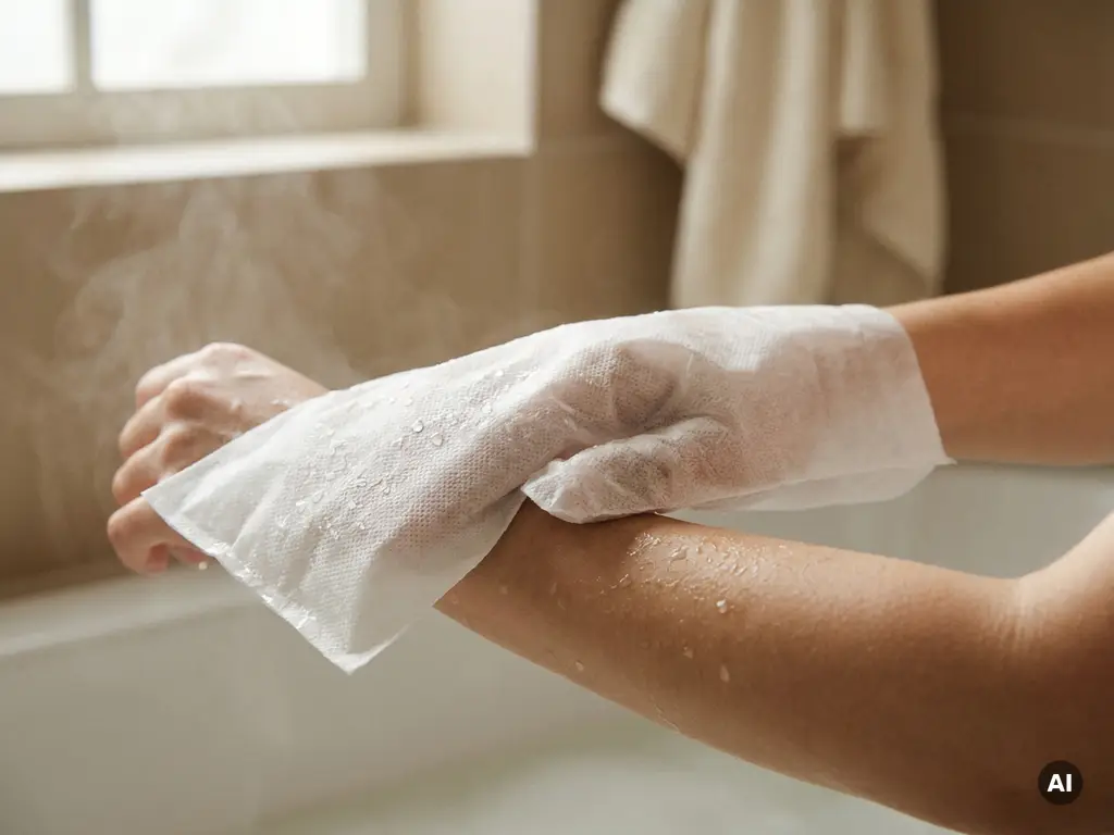 Witte wegwerp-washandschoen op hand die over een onderarm glijdt, met waterdruppels op het niet-geweven oppervlak in warm natuurlijk licht.