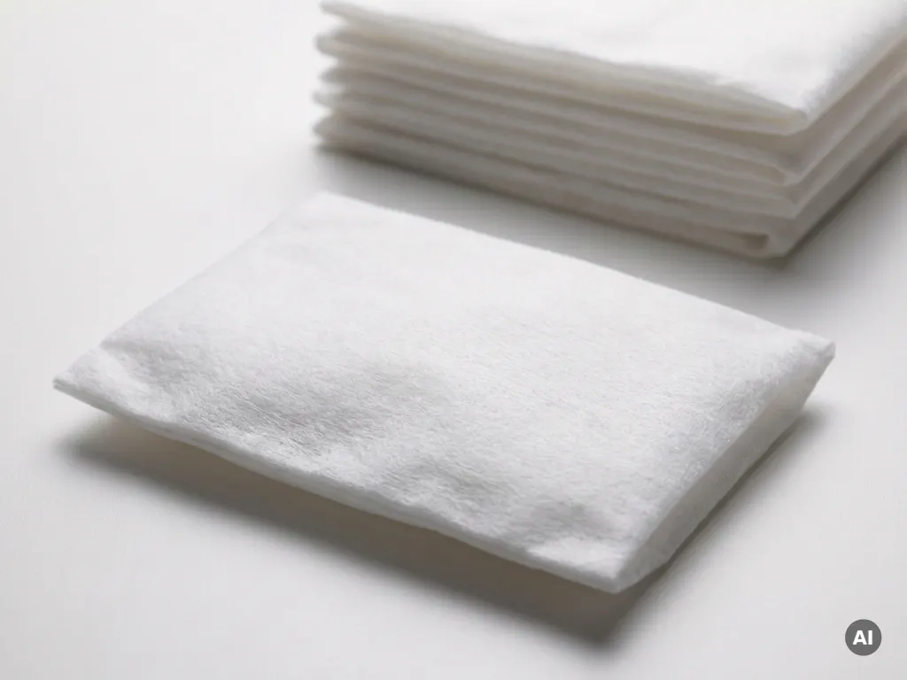 Witte wegwerp washandschoen van non-woven materiaal, liggend op wit oppervlak met stapel identieke handschoenen op de achtergrond.