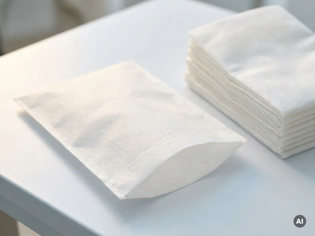 Disposable washand van niet-geweven stof naast gevouwen stapel identieke witte washandjes op witte ondergrond.